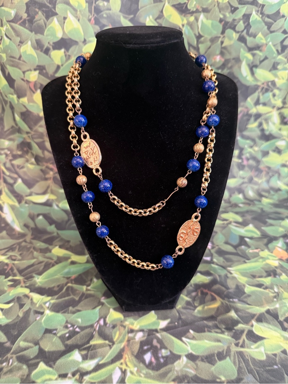 Vintage Signed Carol Dauplaise Lapis Blue & Etruscan Medallion Runway Necklace